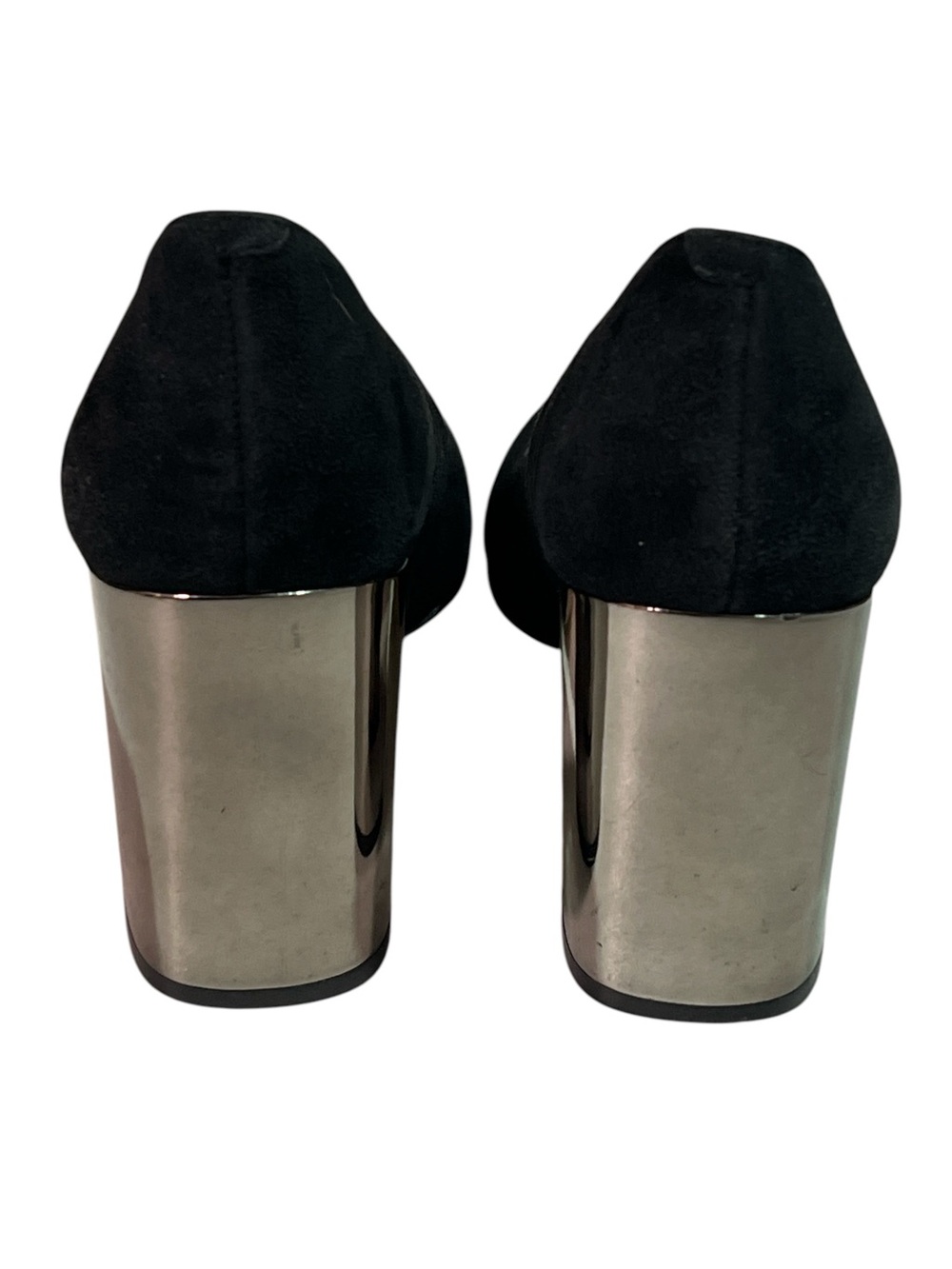 Marc Fisher Black Suede Pumps Silver Metallic Block Heel 7M - Picture 3 of 7
